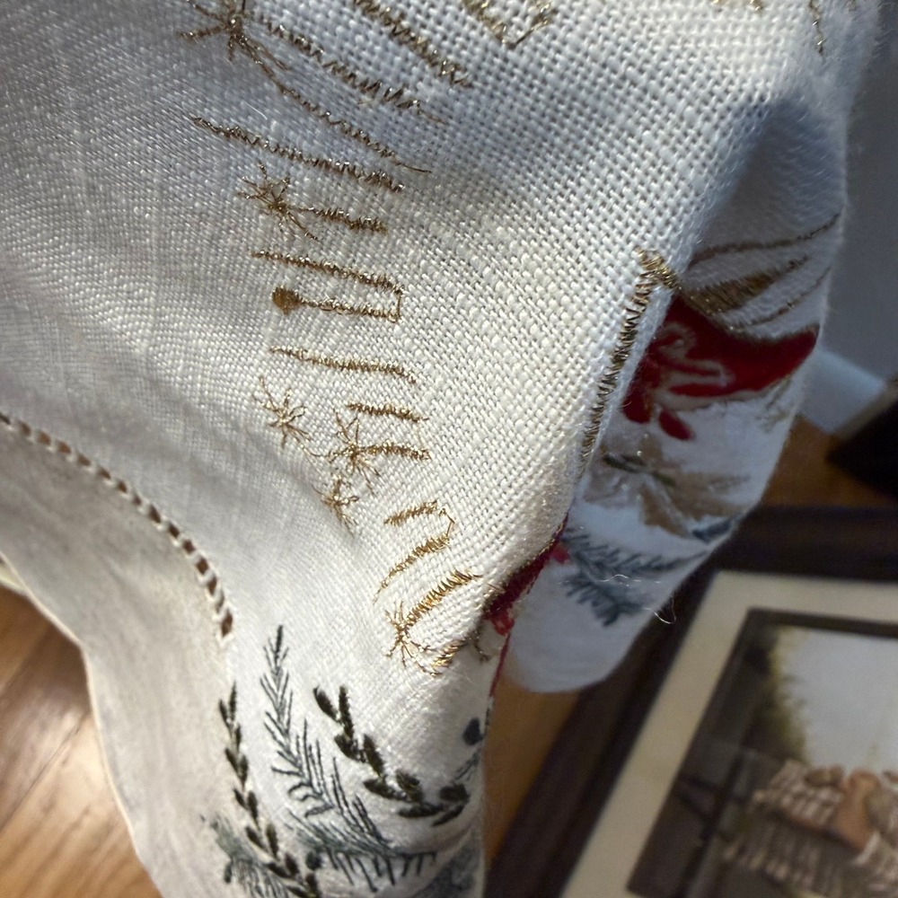 Vintage Embroidered Christmas Tablecloth Bells Poinsettia Holly Hemstitch 33x33 - Picture 4 of 12